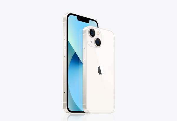 A starlight colour iPhone 13 mini shown from the front and back against a light gray background