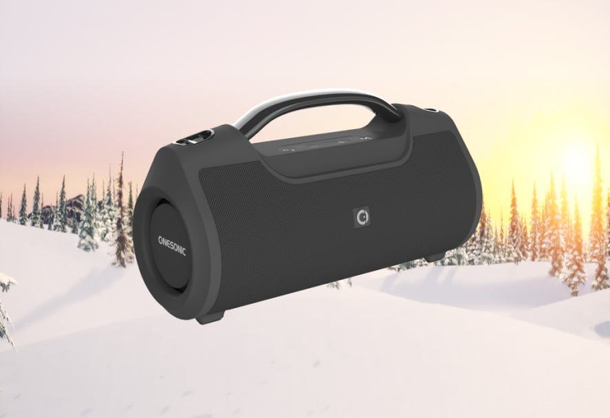 A black OneSonic Quattro Boom Box on a snowy mountain backdrop