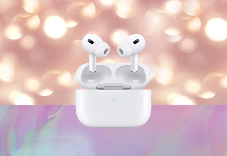 White Apple AirPods 2 on a sparkle backdrop