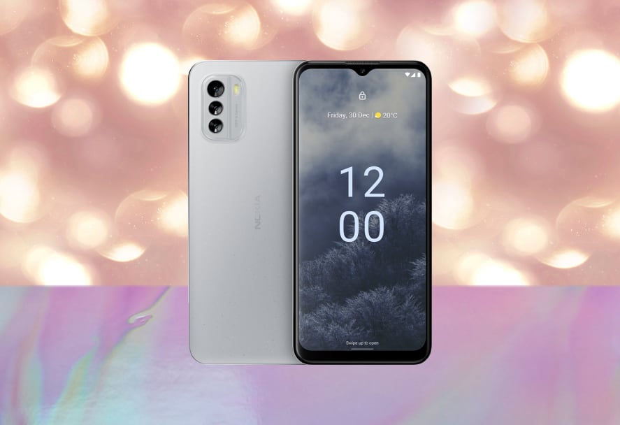 Metallic silver Nokia G60 5G smartphone on a sparkle backdrop