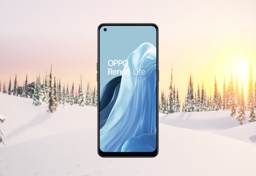 A black Oppo Reno 8 Lite 5G smartphone on a snowy mountain backdrop
