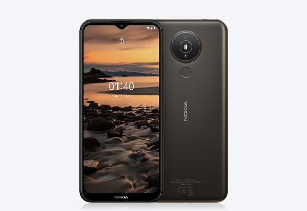 A black Nokia 1.4 smartphone on a white backdrop