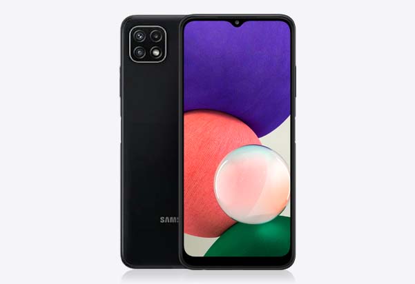 A black Samsung Galaxy A22 5G smartphone on a white backdrop