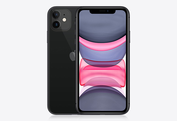 A black  iPhone 11 on a white backdrop