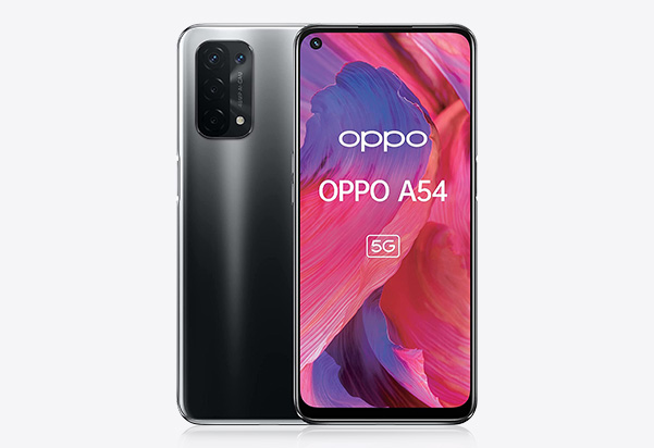 Metallic silver OPPO A54 5G smartphone on a white backdrop