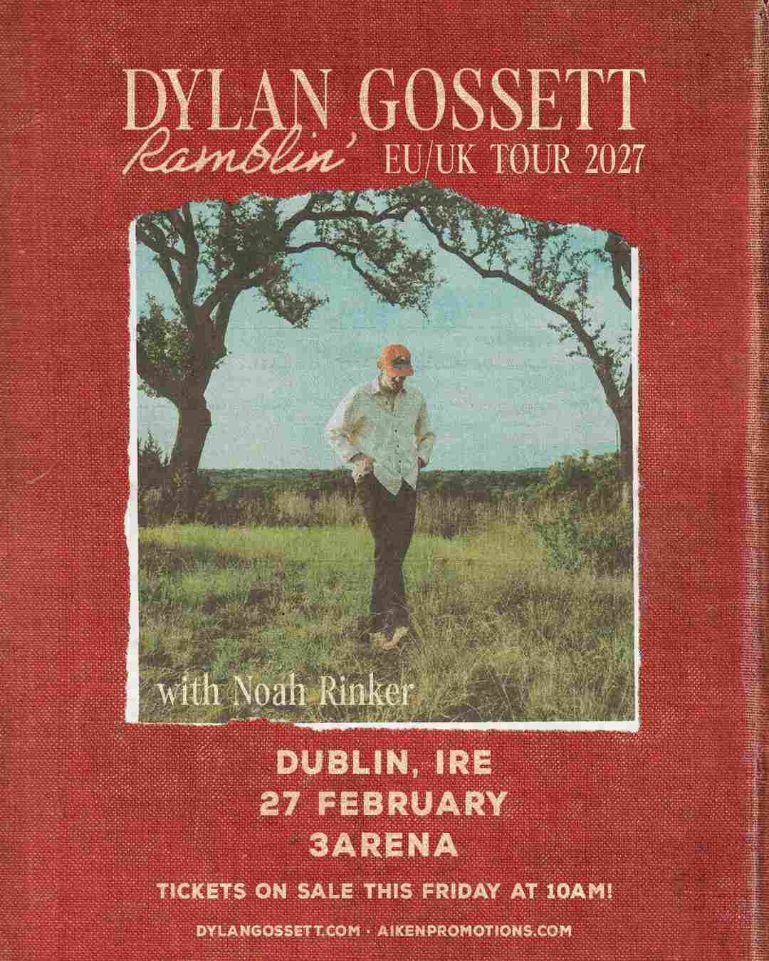 Dylan Gossett Ramblin’ EU/UK Tour 2027 promotional poster for his Dublin 3Arena show on 27 February