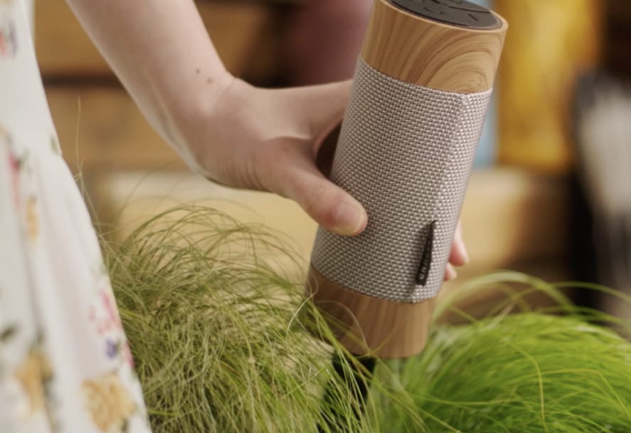 A hand picking up a cylindrical Bluetooth speaker with a wood-effect base and silver mesh grille, surrounded by lush green ornamental grass in a natural, home setting.