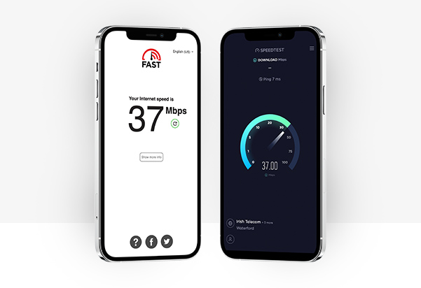 Two smartphones side by side displaying internet speed test results — one showing the Fast.com app with a speed of 37 Mbps, and the other showing a speedometer-style speed test app, illustrating broadband performance testing.