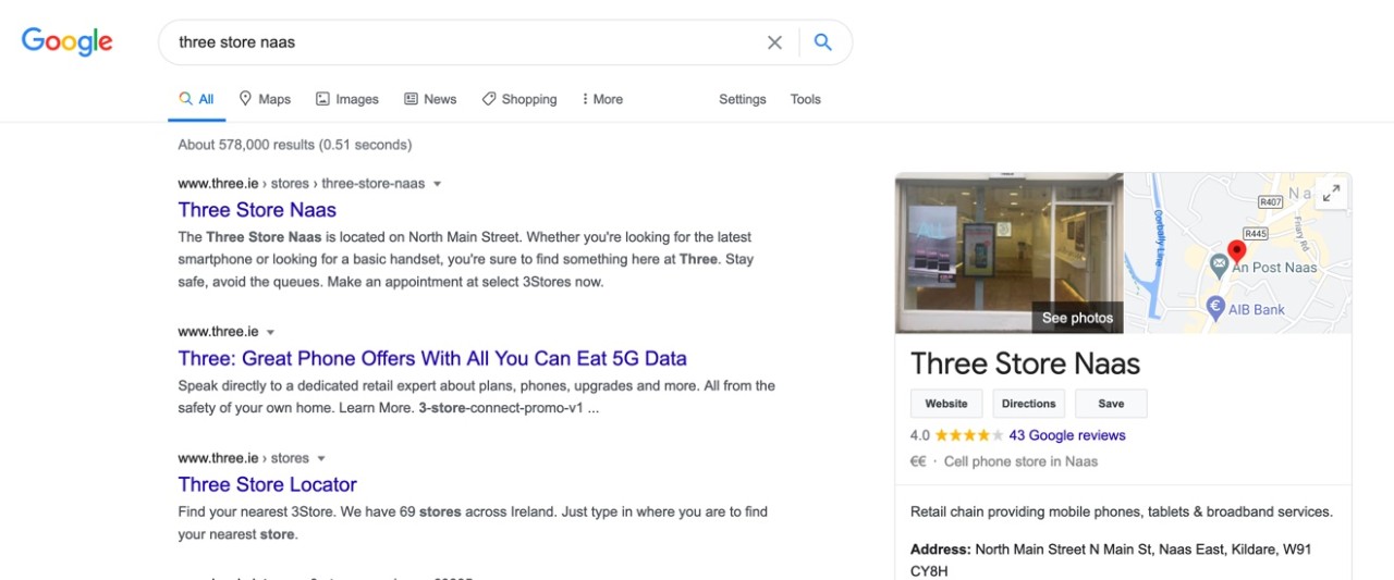 On the right hand side you’ll find store information Search result for Three Naas