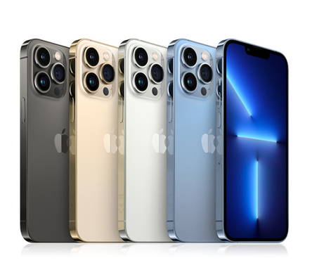The iPhone 13 Pro shown in all four colours — Graphite, Gold, Silver, and Sierra Blue — displaying the triple camera system on the rear and the Super Retina XDR display on the front