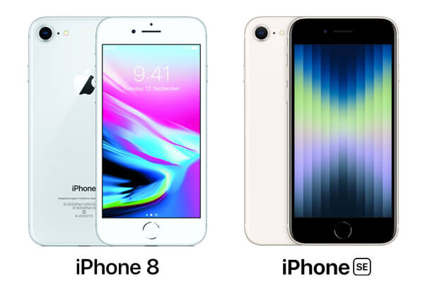 Side-by-side comparison of the iPhone 8 in white and the iPhone SE in Starlight, both showing the front display and rear design with their respective name labels below.