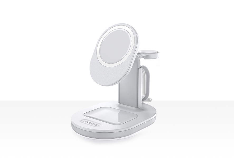 A white OtterBox 3-in-1 Charging Station for MagSafe, with a raised MagSafe charging pad and a smaller Apple Watch charger. A white OtterBox 3-in-1 Charging Station for MagSafe, with a raised MagSafe charging pad and a smaller Apple Watch charger.