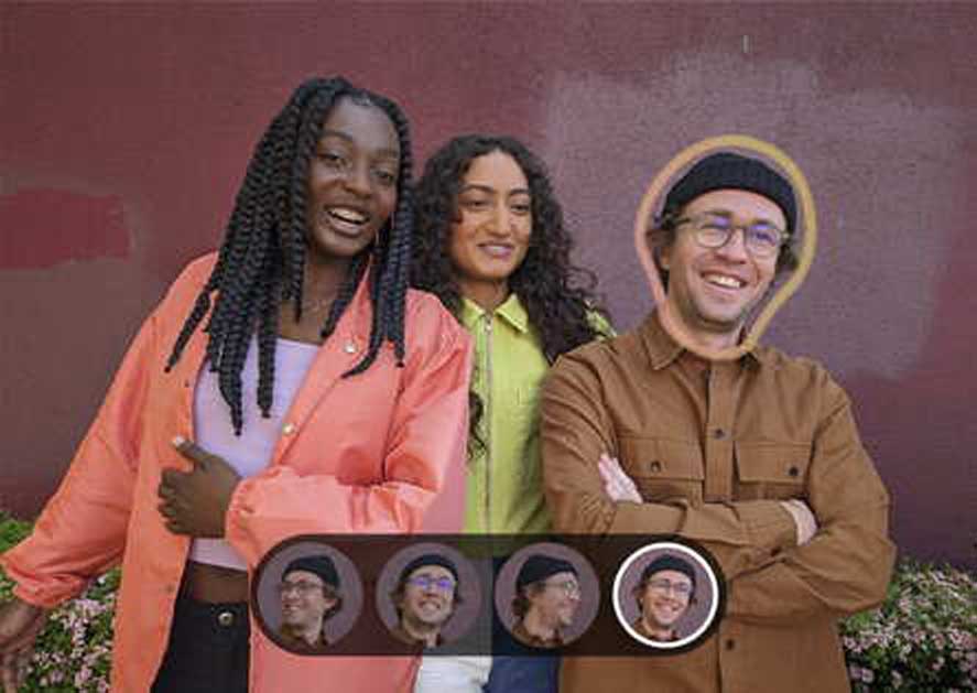 Three smiling people are posing outdoors in front of a reddish-brown wall. The person on the right has a yellow outline around their head and is highlighted in a selection bar at the bottom with four different headshots.