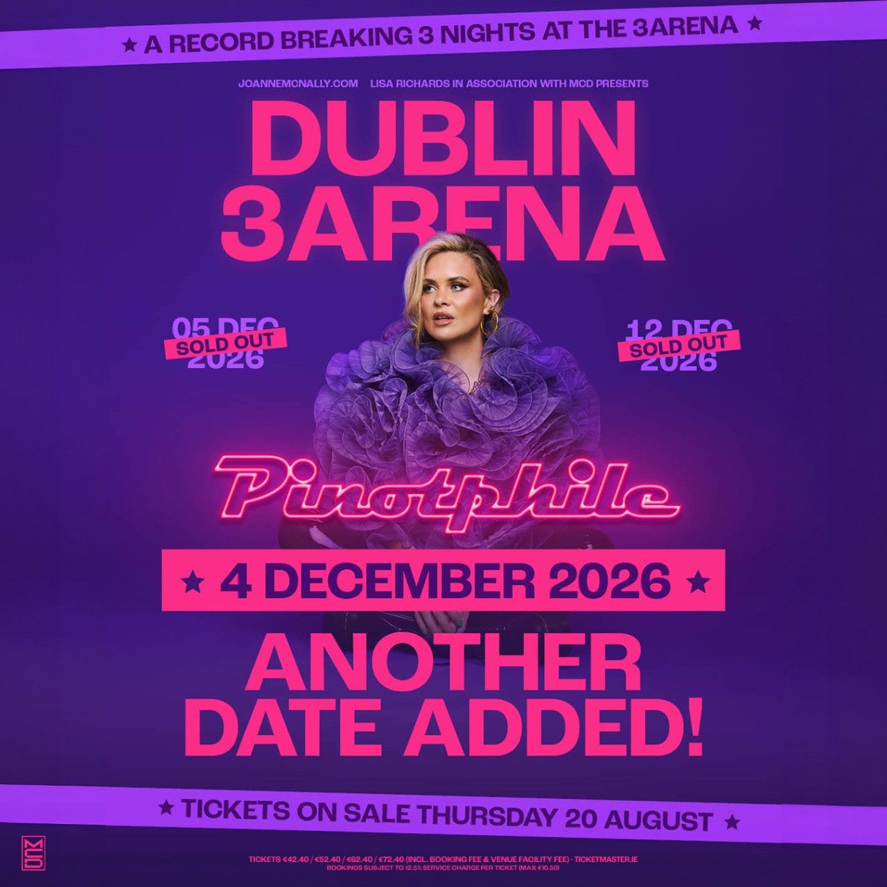 Joanne McNally Pinotphile tour promotional poster for a fourth Dublin 3Arena date on 4 December 2026, with previous dates marked sold out.