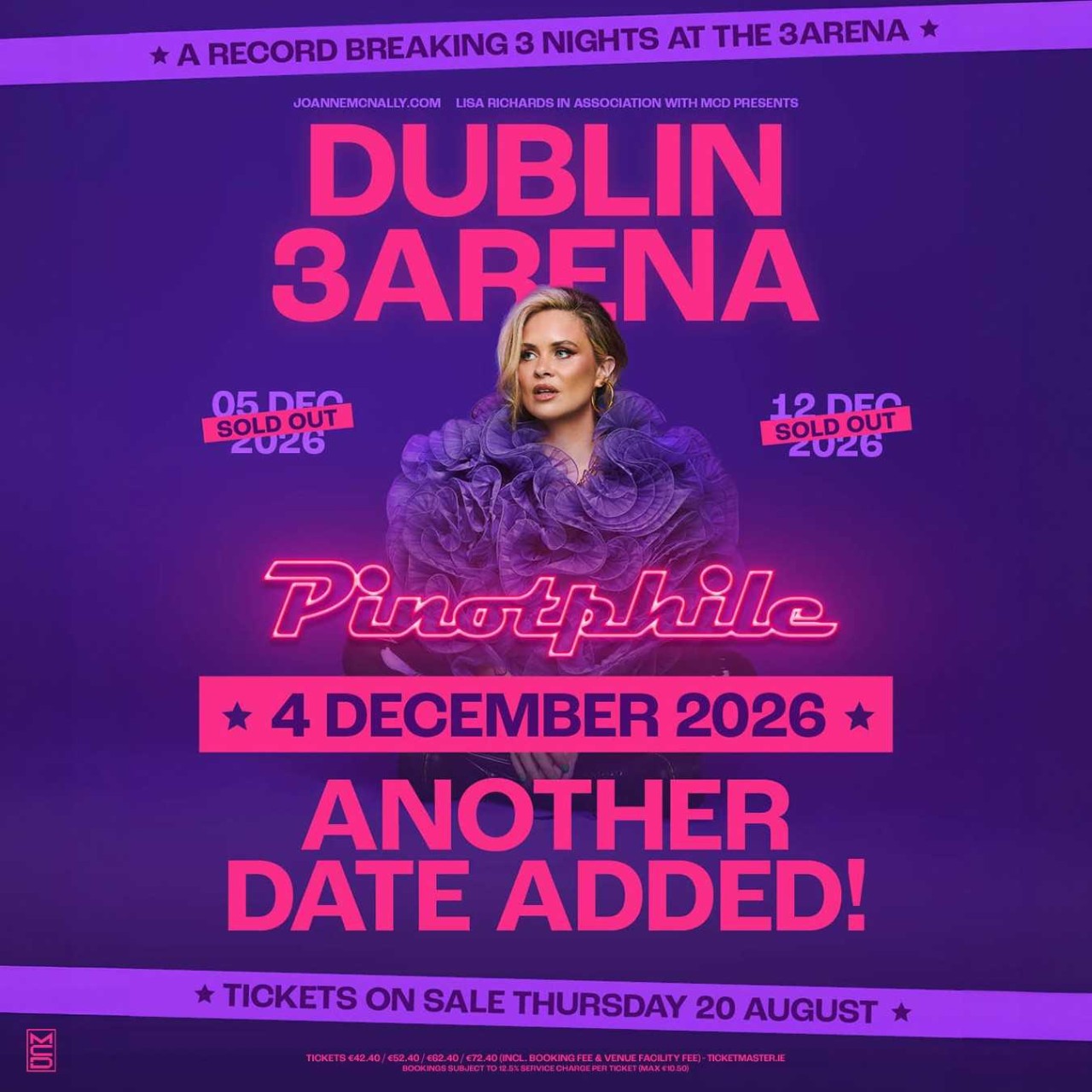 Joanne McNally Pinotphile tour promotional poster for a fourth Dublin 3Arena date on 4 December 2026, with previous dates marked sold out.