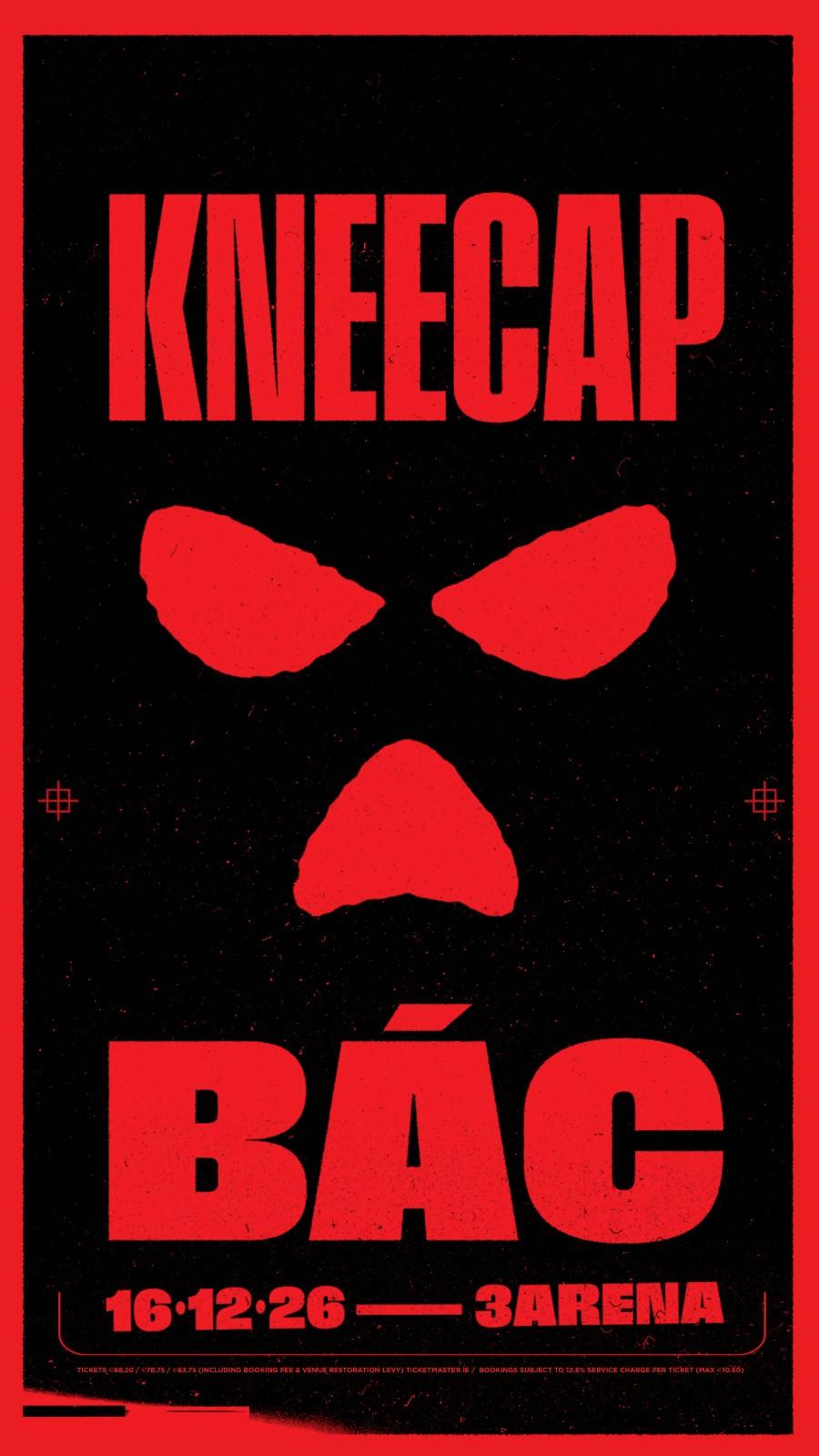Kneecap promotional poster for a Dublin 3Arena concert on 16 December 2026, featuring red and black artwork with the band’s name and stylised graphic.