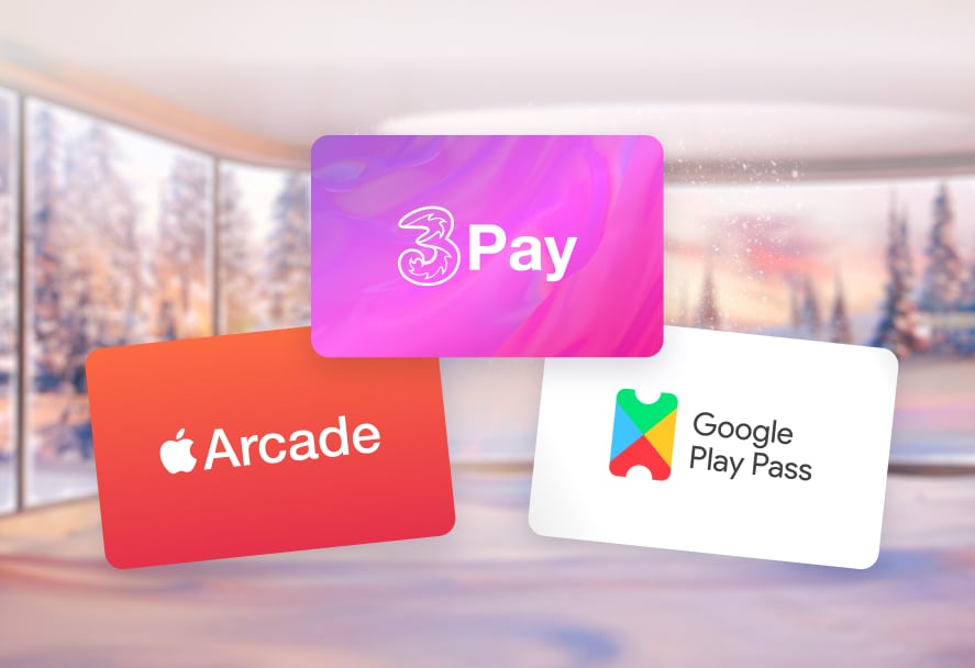 Apple Arcade, Google Play and 3Pay gift cards on a festive backdrop
