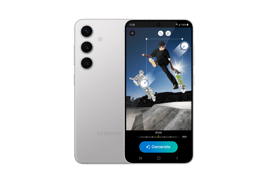 A light gray Samsung Galaxy phone. The screen shows an image editing interface showcasing Samsung Galaxy AI. The image being edited features a person on a skateboard jumping over a ramp, with a bright sunburst effect on the right. A light gray Samsung Galaxy phone. The screen shows an image editing interface showcasing Samsung Galaxy AI. The image being edited features a person on a skateboard jumping over a ramp, with a bright sunburst effect on the right.