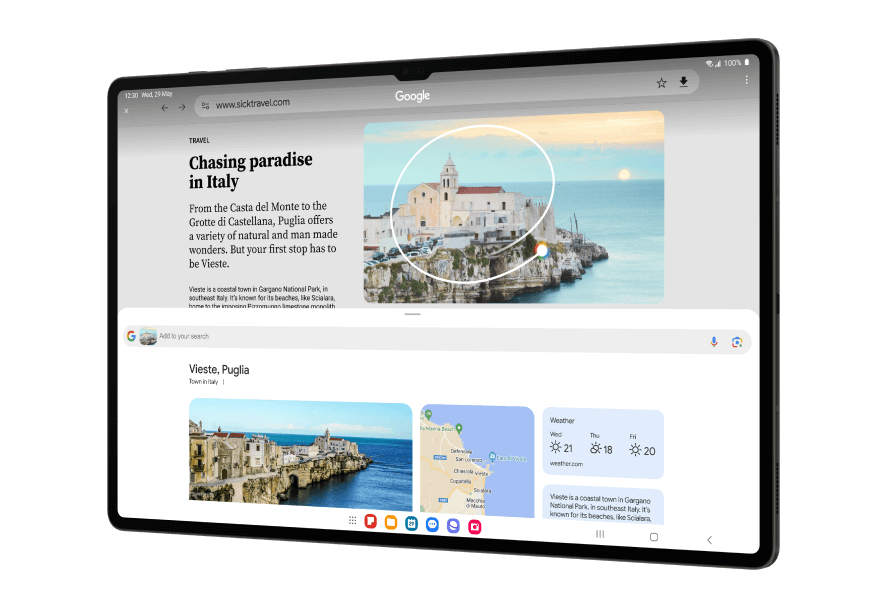 A Samsung Galaxy tablet displays a webpage and a search overlay, showcasing Galaxy AI. A Samsung Galaxy tablet displays a webpage and a search overlay, showcasing Galaxy AI.