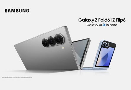 Image of a Samsung Galaxy Z Fold6 and Z Flip6 with the text "Galaxy AI is here." On the left, a gray Samsung Galaxy Z Fold6 is partially open. To the right, a light blue Samsung Galaxy Z Flip6 is also partially open.