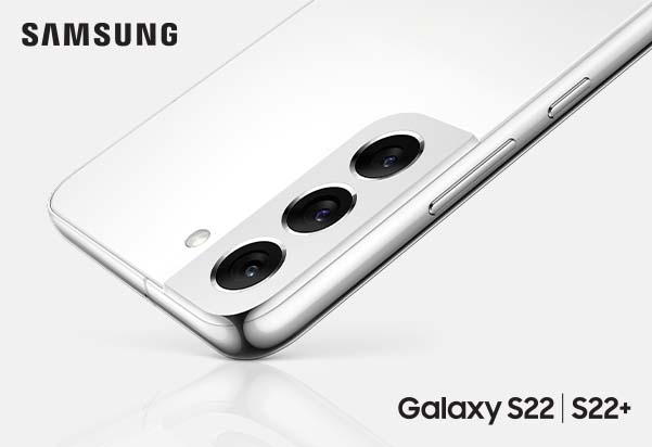 A close-up angled view of the Samsung Galaxy S22 and S22+ rear camera system in Phantom White, with the Galaxy S22 and S22+ logo in the corner.