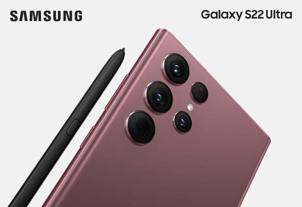 An angled rear view of the Samsung Galaxy S22 Ultra in Burgundy, showcasing its quad camera system alongside the built-in S Pen stylus.