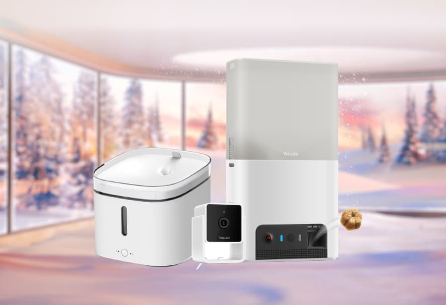 Various pet tech gifts from cameras to food dispensers on a festive backdrop