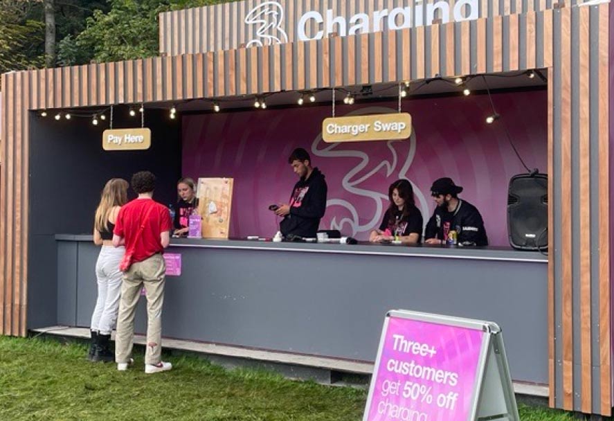 The Three charging stall at electric picnic. Several people are at the counter, some interacting with staff. In the foreground, a pink A-frame sign promotes a "Three+ customers get 50% off charging" deal. The Three charging stall at electric picnic. Several people are at the counter, some interacting with staff. In the foreground, a pink A-frame sign promotes a "Three+ customers get 50% off charging" deal.