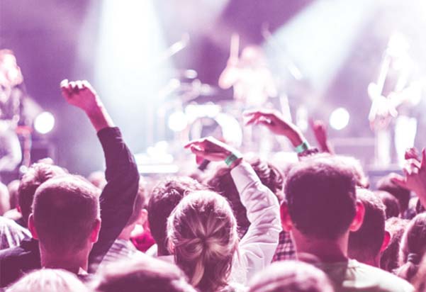 A close up shot of the back of a concert crowd