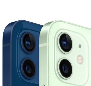A closeup of two iPhone 12's dual cameras.