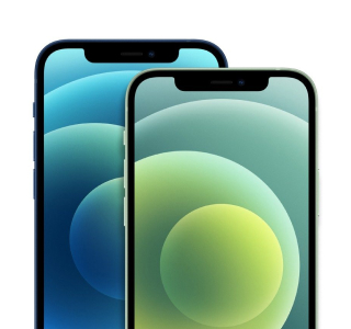 A view of two iPhone 12's showing their display. A view of two iPhone 12's showing their display.