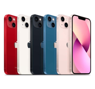 A selection of iPhone 13's with a range of colours, showing their dual cameras.