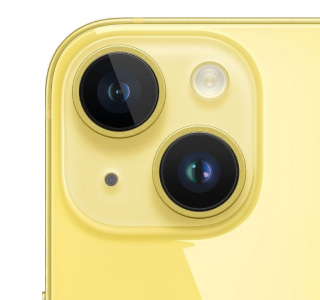 A closeup of the iPhone 14's dual front cameras.