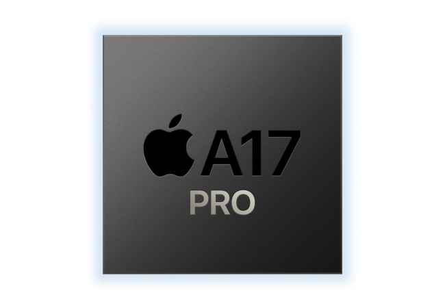 A square, dark gray chip with a subtle blue glow around its edges displays the Apple logo and "A17 PRO" in white text. A square, dark gray chip with a subtle blue glow around its edges displays the Apple logo and "A17 PRO" in white text.