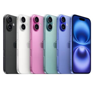 Six iPhones in a rainbow of colors, from black to blue, are displayed in a line with one facing forward. Six iPhones in a rainbow of colors, from black to blue, are displayed in a line with one facing forward.