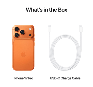 An image displaying "What's in the Box" shows a cosmic orange iPhone 17 Pro next to a white USB-C charge cable.