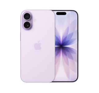 A lavender iPhone 17 shown from two angles. The phone on the left shows the back, with a dual-camera and the Apple logo. The phone on the right shows the front, with a purple and white, abstract flower image displayed on the screen. 2 iPhone 17 phones shown one facing forward and a rear view of the other.