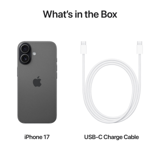 An image titled "What's in the Box." The image shows a dark gray iPhone 17 on the left and a coiled white USB-C charging cable on the right. Both items are labeled below. An image displaying "What's in the Box" shows a black iPhone 17 next to a white USB-C charge cable.