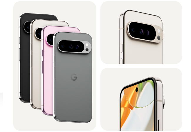 A collage features a line of four Google Pixel phones in various colors and two close-up shots of their cameras and screens. A collage features a line of four Google Pixel phones in various colors and two close-up shots of their cameras and screens.