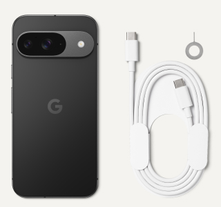 A black Google Pixel phone is displayed next to a coiled white USB-C cable and a SIM ejector tool. A black Google Pixel phone is displayed next to a coiled white USB-C cable and a SIM ejector tool.