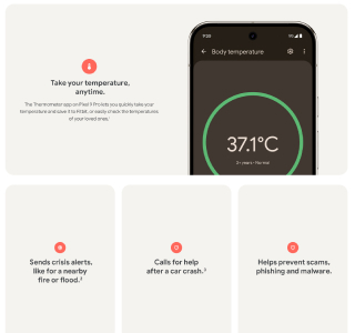 An ad showcases a smartphone app displaying a body temperature of 37.1°C, highlighting features like temperature taking, crisis alerts, car crash assistance, and scam prevention. An ad showcases a smartphone app displaying a body temperature of 37.1°C, highlighting features like temperature taking, crisis alerts, car crash assistance, and scam prevention.