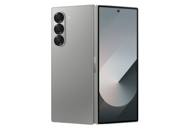 A sleek, silver foldable smartphone is displayed, showing its camera array on the back and a minimalist screen on the front. Samsung Fold6