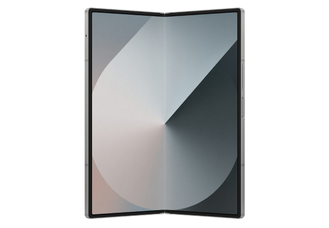 A gray foldable smartphone is shown partially open, displaying a minimalist, abstract gray and black wallpaper on its screen. Samsung Fold6