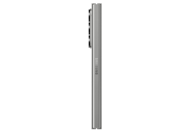 A slim, silver Samsung foldable smartphone is shown from the side, revealing its camera bump and the Samsung logo. Samsung Fold6