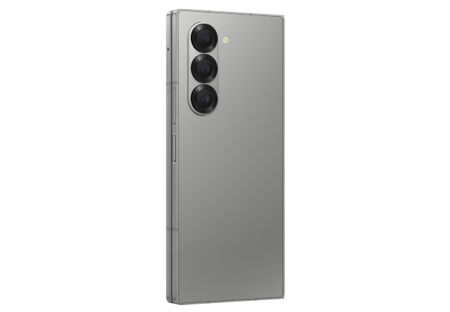 A sleek, gray foldable smartphone is shown from the back, highlighting its vertical triple-camera setup. Samsung Fold6