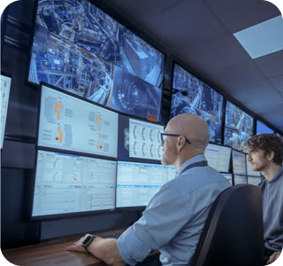 Two people in a large workplace sitting at a desk, looking at a number of large screens Two people in a large workplace sitting at a desk, looking at a number of large screens