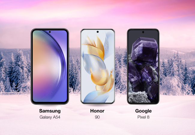 Samsung a54, Honor 90, and Pixel 8 