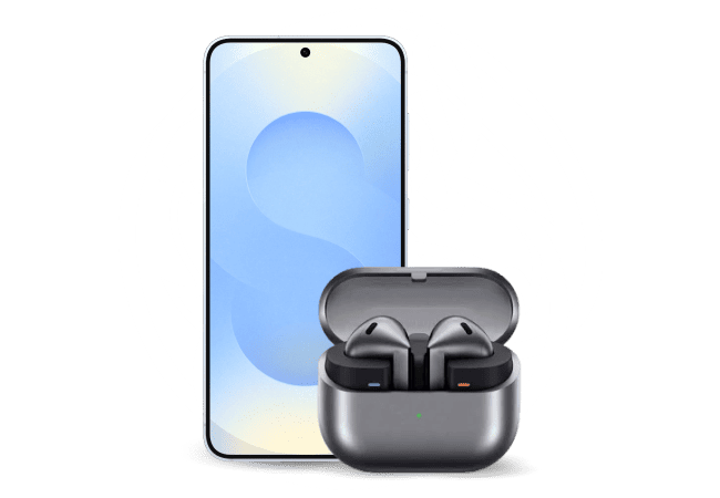 Samsung Galaxy S25 with blue ‘S’ wallpaper next to Samsung Buds 3 in a charging case.