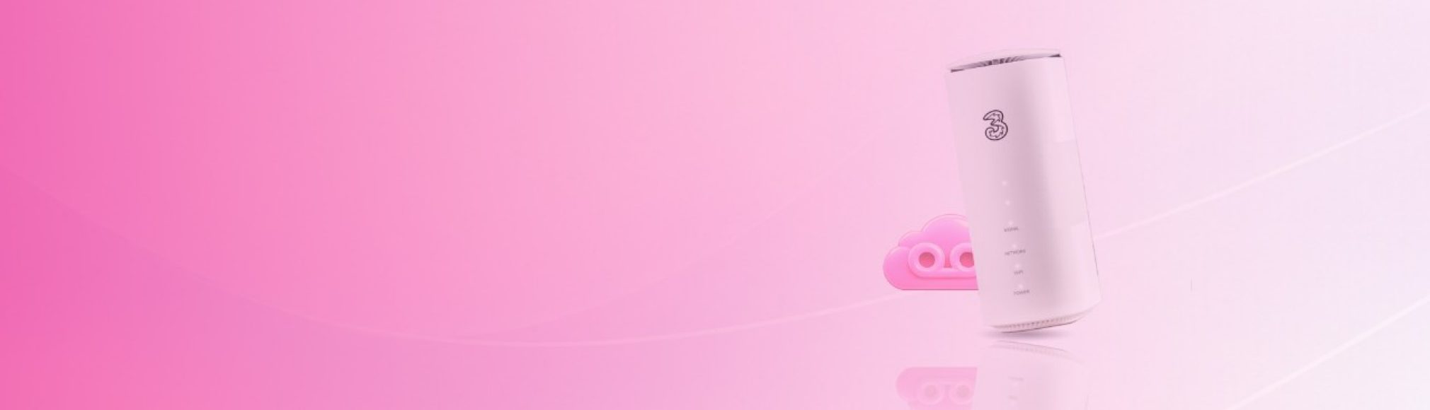 A white Three network broadband router standing upright on the right side of a wide banner with a vibrant pink gradient background. Behind the router is a small, stylized pink cloud icon.