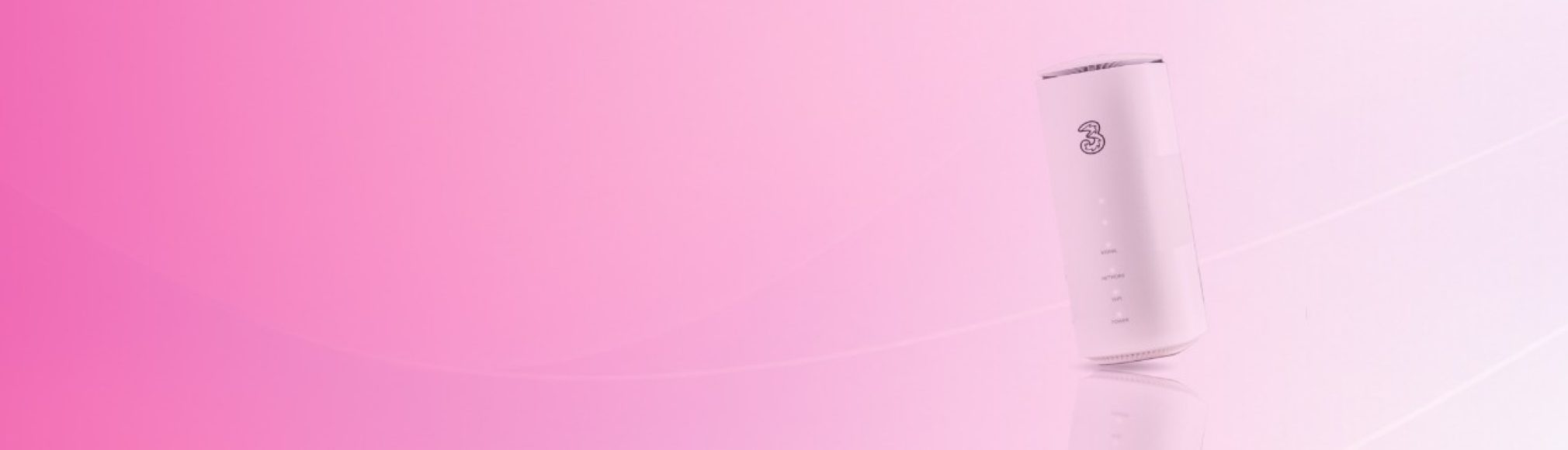A white Three mobile broadband router floating at a slight angle over a glossy, reflective surface against a vibrant pink gradient background.